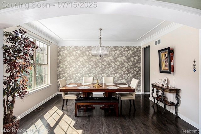 23395 Stoneleigh Ct, South Lyon, MI 48178 - dining room with wallpapered walls, arched walkways, wood finished floors, and crown molding
