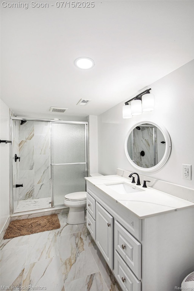 23395 Stoneleigh Ct, South Lyon, MI 48178 - bathroom with a stall shower, vanity, marble finish flooring, and recessed lighting
