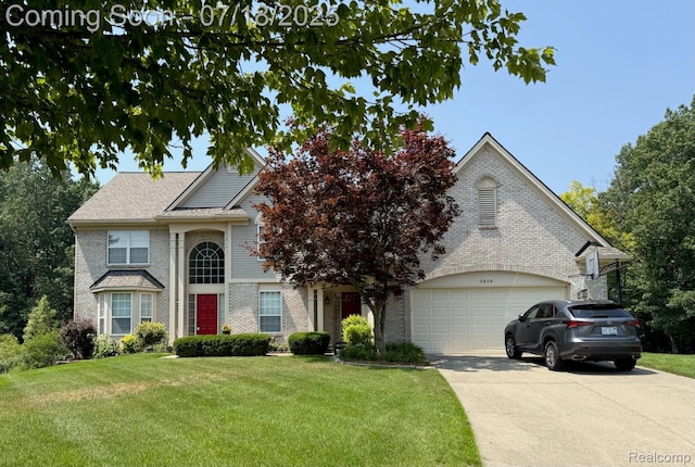 7610 Park Meadow Ln, West Bloomfield, MI 48324 - view of front of home featuring brick siding, driveway, a front yard, an attached garage, and a shingled roof