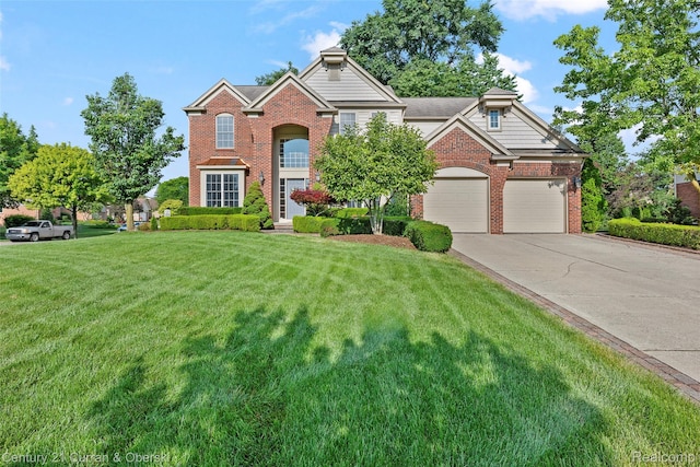 1760 Bedlington Ct, Rochester Hills, MI 48307 - traditional-style home featuring brick siding, concrete driveway, a front lawn, and a garage