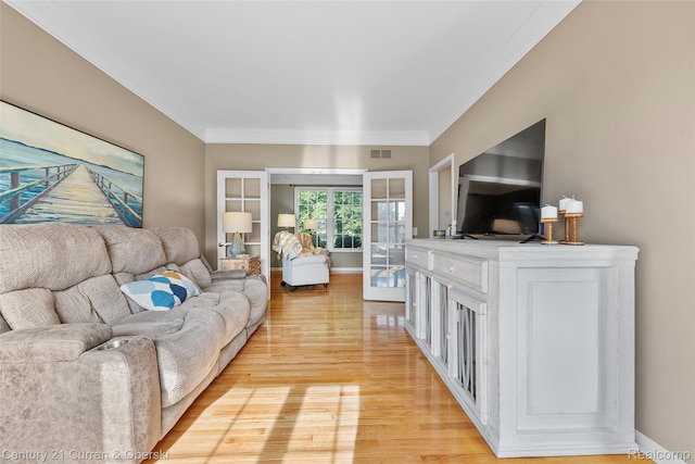1760 Bedlington Ct, Rochester Hills, MI 48307 - living area with light wood-type flooring, crown molding, and french doors