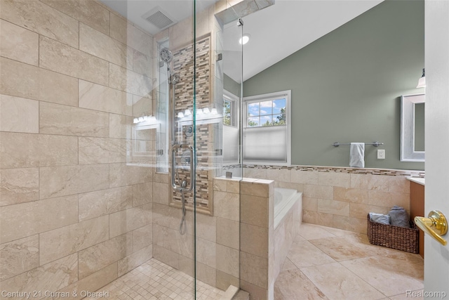 1760 Bedlington Ct, Rochester Hills, MI 48307 - full bathroom featuring a tile shower, vanity, a garden tub, lofted ceiling, and tile walls