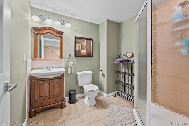 1760 Bedlington Ct, Rochester Hills, MI 48307 - bathroom featuring a shower stall, tile patterned floors, vanity, and backsplash