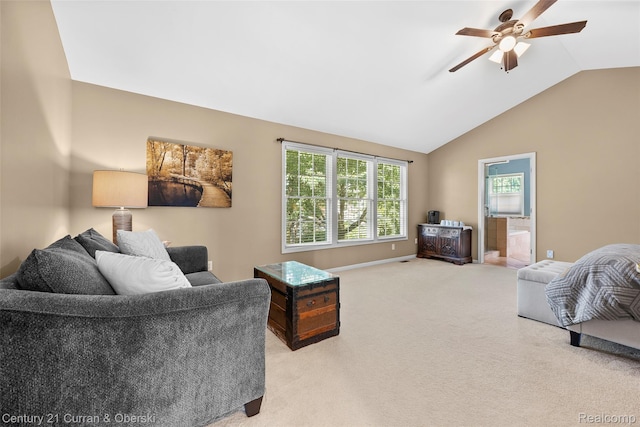 1760 Bedlington Ct, Rochester Hills, MI 48307 - living room with lofted ceiling, a ceiling fan, and light carpet