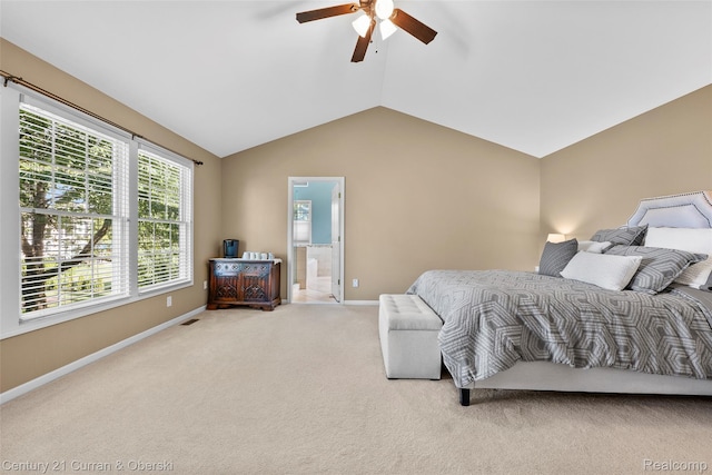 1760 Bedlington Ct, Rochester Hills, MI 48307 - carpeted bedroom with vaulted ceiling, ceiling fan, and connected bathroom