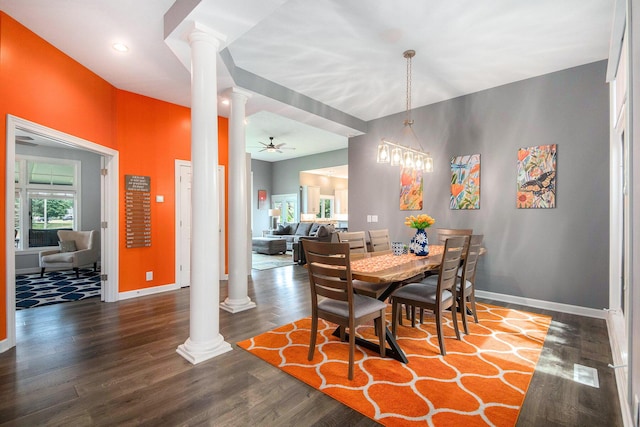 172 Bay Meadows Dr, Holland, MI 49424 - dining room with ornate columns, wood finished floors, a ceiling fan, and recessed lighting