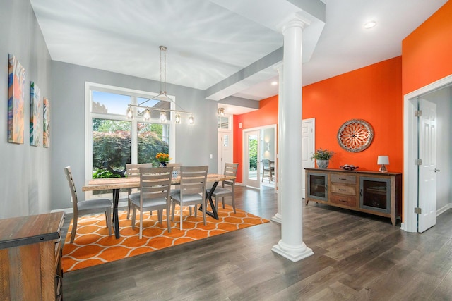 172 Bay Meadows Dr, Holland, MI 49424 - dining area featuring decorative columns, wood finished floors, and recessed lighting