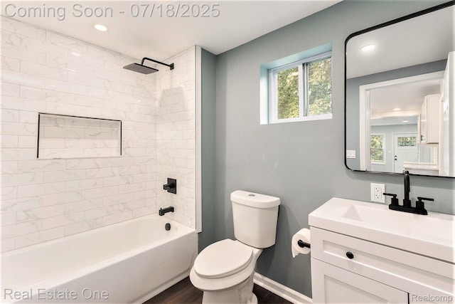 21801 Colgate St, Farmington Hills, MI 48336 - bathroom featuring vanity,  shower combination, wood finished floors, and recessed lighting