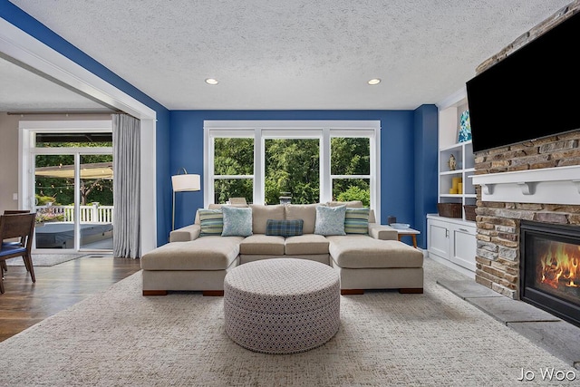 5362 Settlers Grove Rd NE, Belmont, MI 49306 - living room featuring plenty of natural light, a textured ceiling, a stone fireplace, wood finished floors, and recessed lighting