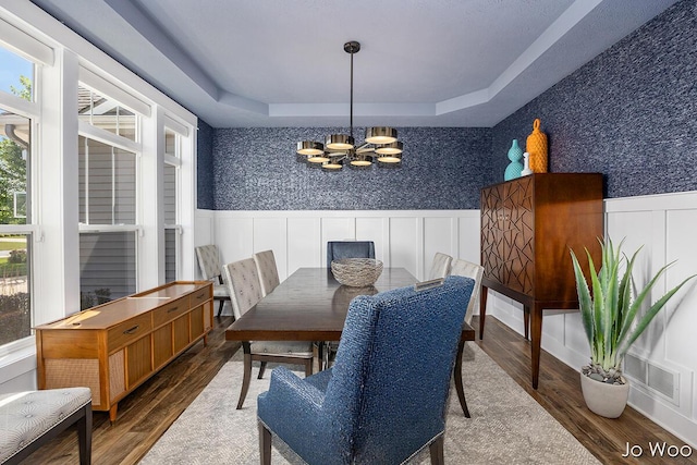 5362 Settlers Grove Rd NE, Belmont, MI 49306 - dining area with a chandelier, a decorative wall, dark wood-style floors, a tray ceiling, and wainscoting