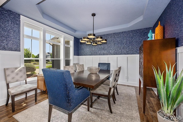 5362 Settlers Grove Rd NE, Belmont, MI 49306 - dining area featuring a raised ceiling, a chandelier, wood finished floors, a wainscoted wall, and a decorative wall