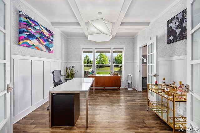 5362 Settlers Grove Rd NE, Belmont, MI 49306 - office space with french doors, coffered ceiling, dark wood-type flooring, a decorative wall, and wainscoting
