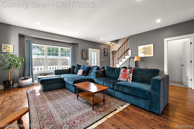 1120 Wyandotte Ave, Royal Oak, MI 48067 - living room with wood finished floors, stairway, and recessed lighting