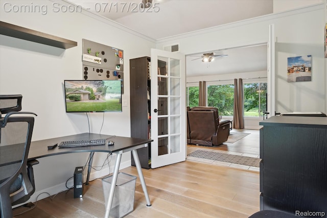 1847 Brandy Ln, Brighton, MI 48114 - office area featuring french doors, light wood-style flooring, crown molding, and ceiling fan