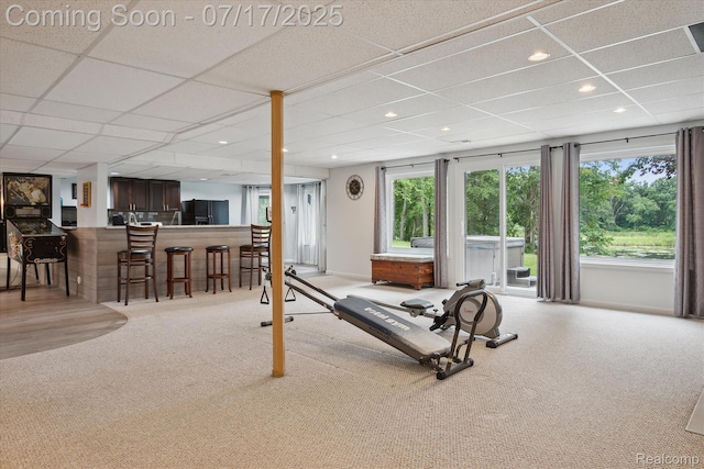 1847 Brandy Ln, Brighton, MI 48114 - workout room with bar, a paneled ceiling, carpet floors, and recessed lighting
