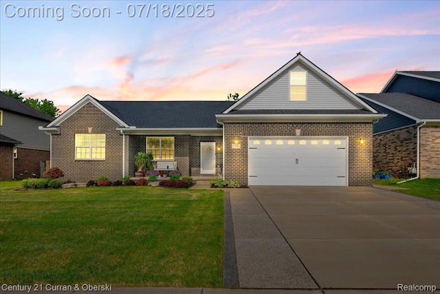 21150 Bryce Ct, Romulus, MI 48174 - traditional-style house featuring concrete driveway, brick siding, a yard, and an attached garage