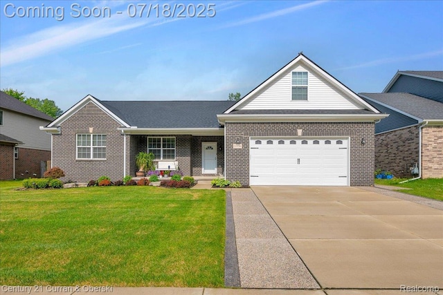 21150 Bryce Ct, Romulus, MI 48174 - view of front of property with brick siding, a front lawn, concrete driveway, and an attached garage