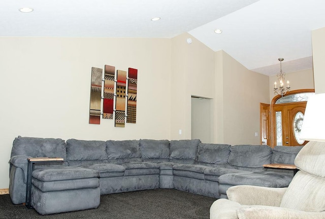 11734 Lindy Ct, Rockford, MI 49341 - living room featuring a chandelier, high vaulted ceiling, carpet flooring, and recessed lighting