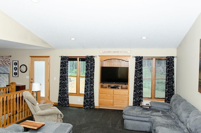 11734 Lindy Ct, Rockford, MI 49341 - living area with lofted ceiling, recessed lighting, and dark carpet