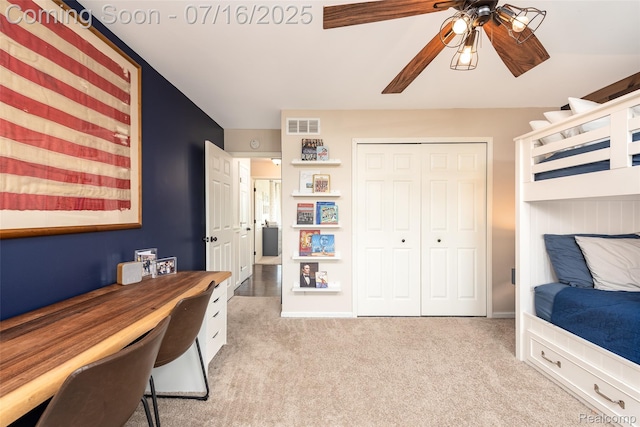 7366 E Maple Ave, Grand Blanc, MI 48439 - bedroom with light carpet, a closet, a desk, and a ceiling fan