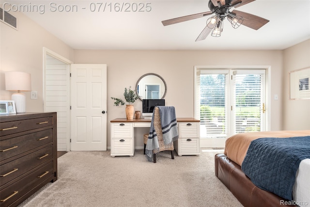 7366 E Maple Ave, Grand Blanc, MI 48439 - bedroom with access to exterior, light colored carpet, and a ceiling fan