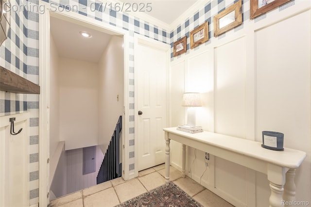 7366 E Maple Ave, Grand Blanc, MI 48439 - mudroom featuring light tile patterned floors, wallpapered walls, and recessed lighting