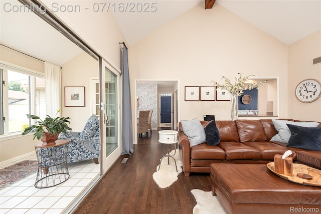 7366 E Maple Ave, Grand Blanc, MI 48439 - living room featuring wood finished floors, high vaulted ceiling, and beam ceiling
