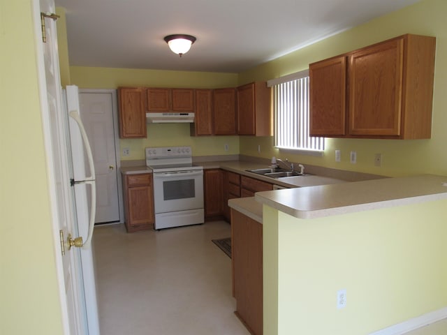 4237 W Grand Blanc Rd, Swartz Creek, MI 48473 - kitchen featuring white electric stove, under cabinet range hood, a peninsula, light countertops, and brown cabinets