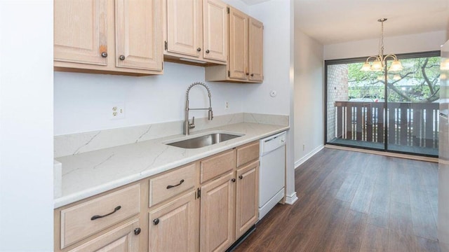 2124 Pauline Blvd Unit 206, Ann Arbor, MI 48103 - kitchen featuring white dishwasher, dark wood finished floors, light brown cabinets, light stone counters, and a chandelier
