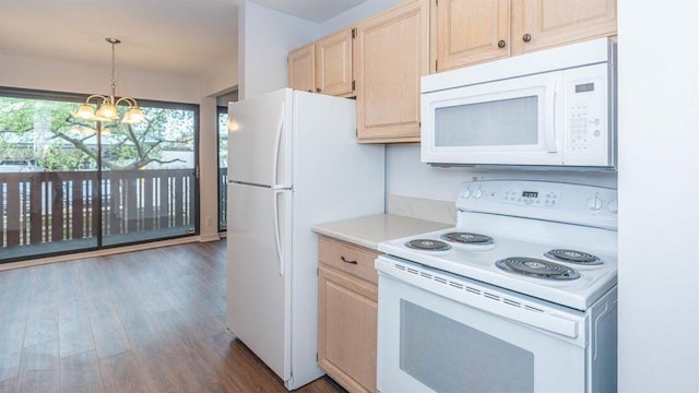 2124 Pauline Blvd Unit 206, Ann Arbor, MI 48103 - kitchen featuring white appliances, light brown cabinets, a chandelier, light countertops, and dark wood-type flooring