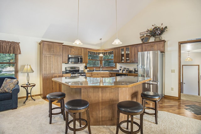 220 Park Ave, South Haven, MI 49090 - kitchen featuring appliances with stainless steel finishes, a kitchen breakfast bar, plenty of natural light, pendant lighting, and high vaulted ceiling