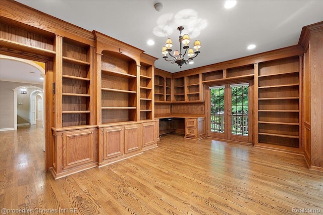 400 Hamilton Rd, Bloomfield, MI 48301 - unfurnished office featuring built in study area, arched walkways, light wood-style flooring, a chandelier, and recessed lighting
