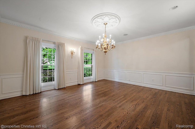 400 Hamilton Rd, Bloomfield, MI 48301 - spare room featuring a chandelier, ornamental molding, a decorative wall, dark wood-style floors, and wainscoting