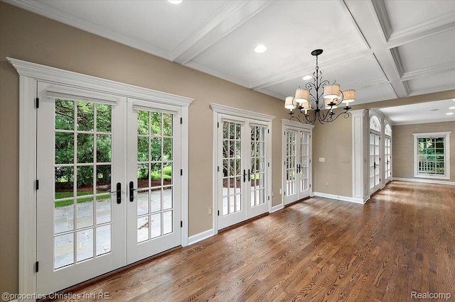 400 Hamilton Rd, Bloomfield, MI 48301 - unfurnished dining area featuring french doors, a chandelier, beam ceiling, recessed lighting, and wood finished floors