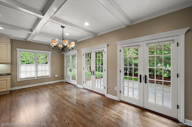 400 Hamilton Rd, Bloomfield, MI 48301 - doorway to outside featuring french doors, beamed ceiling, a chandelier, wood finished floors, and coffered ceiling