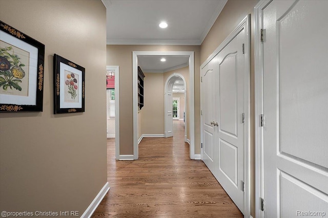 400 Hamilton Rd, Bloomfield, MI 48301 - hall featuring crown molding, wood finished floors, recessed lighting, and arched walkways