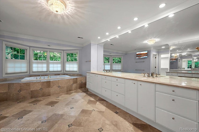 400 Hamilton Rd, Bloomfield, MI 48301 - bathroom featuring ornamental molding, double vanity, recessed lighting, and a bath