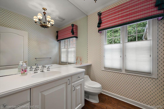 400 Hamilton Rd, Bloomfield, MI 48301 - bathroom featuring crown molding, wallpapered walls, wood finished floors, a chandelier, and vanity