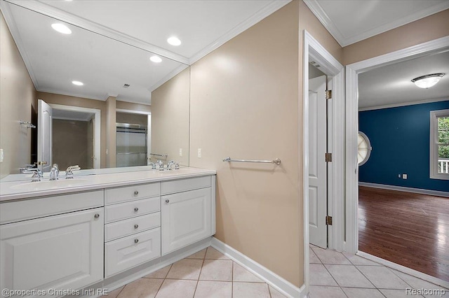 400 Hamilton Rd, Bloomfield, MI 48301 - bathroom featuring double vanity, tile patterned floors, ornamental molding, and recessed lighting