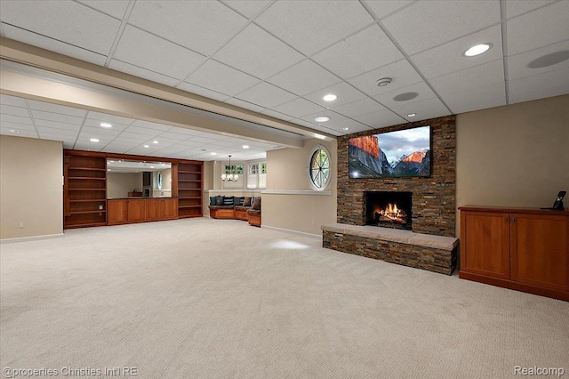 400 Hamilton Rd, Bloomfield, MI 48301 - unfurnished living room featuring a paneled ceiling, a fireplace, carpet flooring, recessed lighting, and built in features