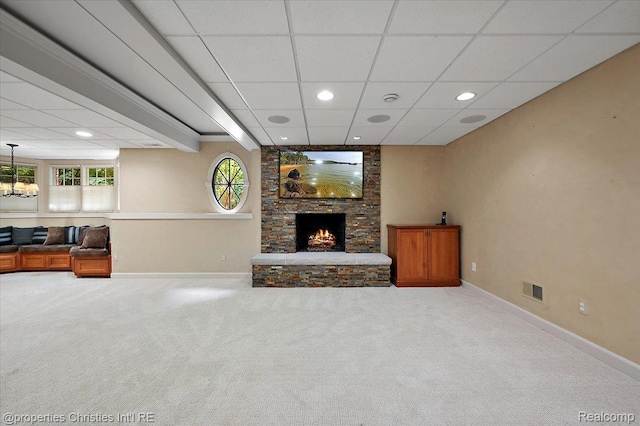 400 Hamilton Rd, Bloomfield, MI 48301 - carpeted living room with a paneled ceiling, recessed lighting, and a fireplace