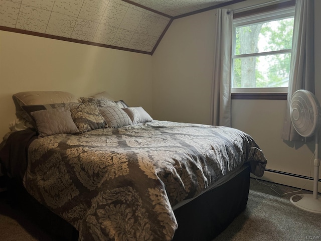 2682 Elmwood Dr, Adrian, MI 49221 - bedroom with carpet, vaulted ceiling, and a baseboard heating unit