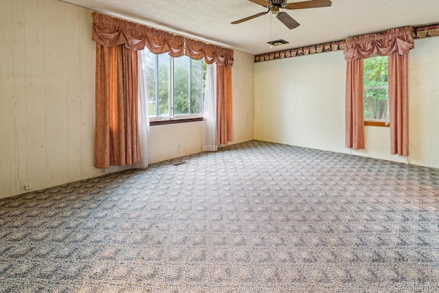 4415 Central St, Columbiaville, MI 48421 - carpeted spare room with ceiling fan, a textured ceiling, and wooden walls