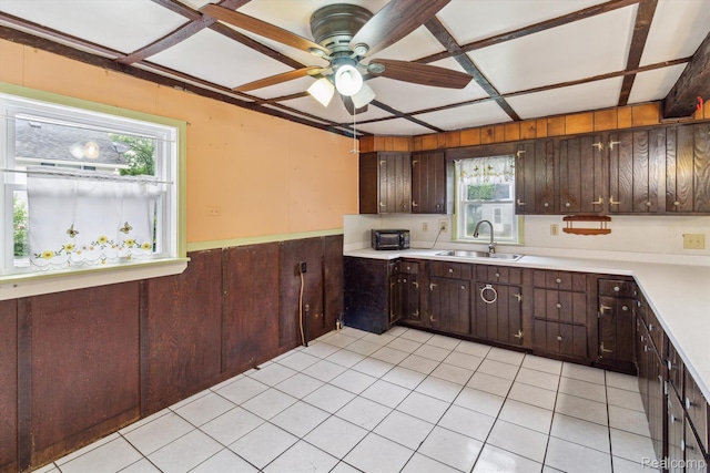 4415 Central St, Columbiaville, MI 48421 - kitchen with light countertops, plenty of natural light, a ceiling fan, dark brown cabinetry, and wainscoting