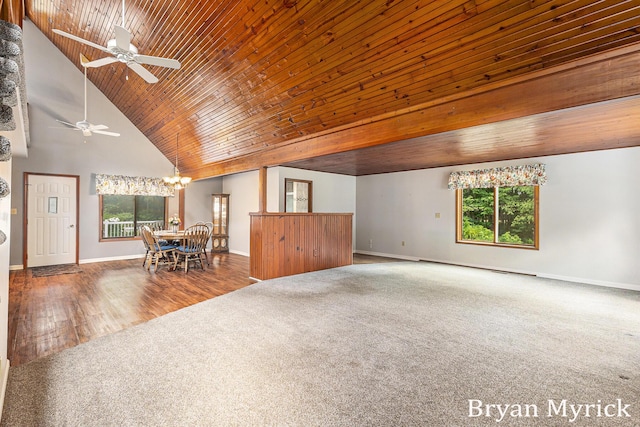 4675 44th St, Holland, MI 49423 - unfurnished living room featuring carpet flooring, wood ceiling, healthy amount of natural light, high vaulted ceiling, and ceiling fan