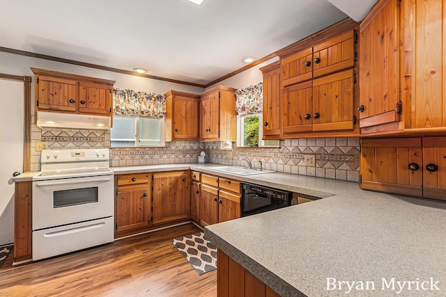 4675 44th St, Holland, MI 49423 - kitchen with electric stove, under cabinet range hood, dishwasher, ornamental molding, and brown cabinetry
