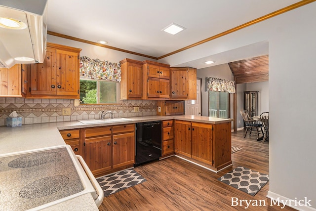 4675 44th St, Holland, MI 49423 - kitchen featuring black dishwasher, a peninsula, white electric stove, ornamental molding, and light countertops
