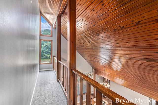 4675 44th St, Holland, MI 49423 - hall with wood ceiling, lofted ceiling, carpet floors, and an upstairs landing