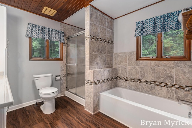 4675 44th St, Holland, MI 49423 - full bath featuring a garden tub, a stall shower, wood finished floors, wooden ceiling, and ornamental molding