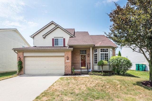 6602 Robindale Dr, Ypsilanti, MI 48197 - traditional-style house featuring concrete driveway, a front lawn, brick siding, a garage, and roof with shingles